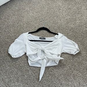 White Cropped Short Sleeve Top with Ties and Cutouts. Small. Never worn